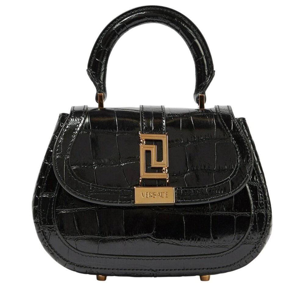 Versace Greca Goddess Croc-Embossed Top Handle Mini Bag in Black Calfskin - Picture 3 of 13